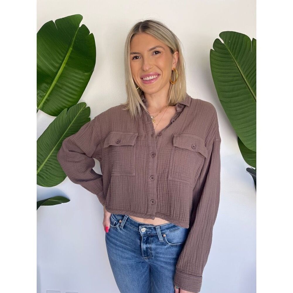 NWT BOBI CROPPED BUTTON UP SHIRT BISTRO - Picture 2 of 12